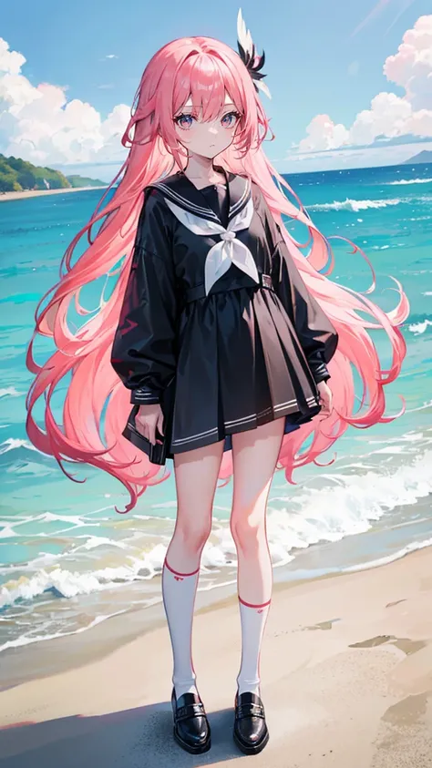 Coral pink hair，Long hair，hair over one eye，Gray eyes，feather hair ornament，cute，Girl，Black sailor suit，Small leather shoes，Black over the knee socks，whole body，Standing on the ground，Dont show your arms，The background is the beach，Blue sky and white cloud...