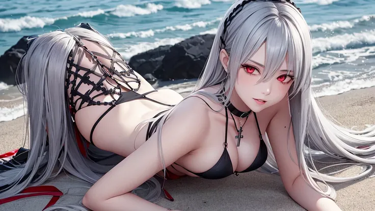 Long gray hair,blood red eyes,Necklace with cross,Wearing a black and white bikini,beach,beach球,Woman on top position