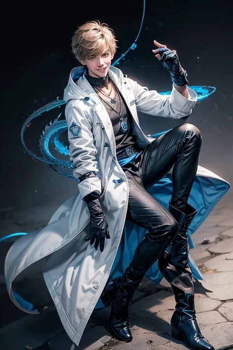 male, brownish tan short hair, blue eyes, (((1boy))), (((white coat with blue trim))), (black long sleeve v-neck t-shirt), (necklace with dragon head pendant), (black pants with blue trim), (black white boots), (black fingerless gloves), long legs, smiling...