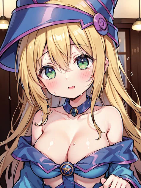 master piece,best quality,ultra detailed,8k,
ambient light,realistic skin,glossy skin,break、
（dark magician girl, duel monster, blush stickers, blonde hair, green eyes, long hair, breasts, blush, bangs, large breasts, hair between eyes, pentacle, pentagram...