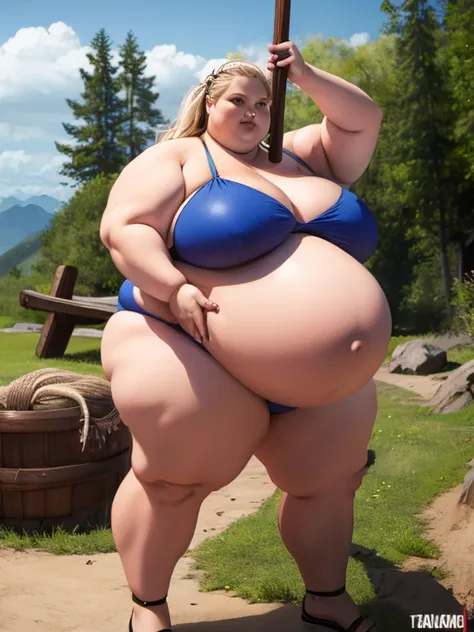 Voluptuous strong Viking woman, bikini, chubby body,bbw, morbidly obese, fat, Big pregnant round belly