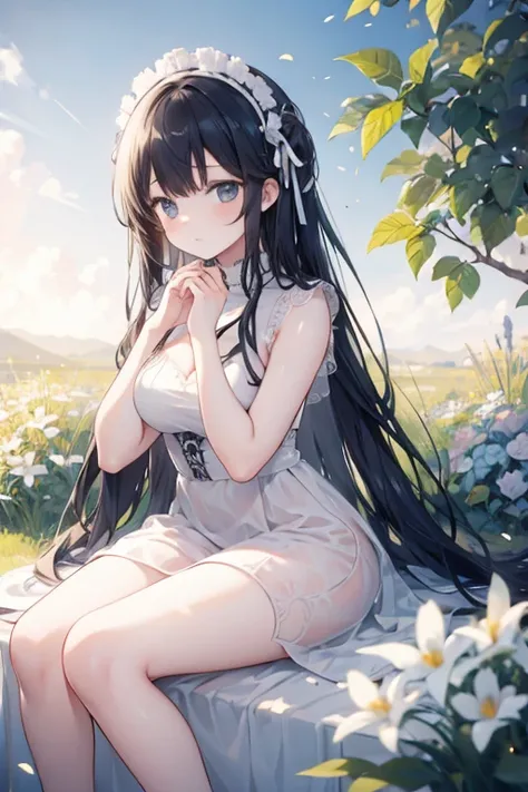 (masterpiece, best quality),1girl with long black hair sitting in a field of green plants and flowers, her hand under her chin, warm lighting, white dress, blurry foreground