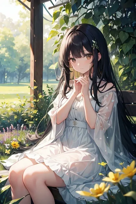 (masterpiece, best quality),1girl with long black hair sitting in a field of green plants and flowers, her hand under her chin, warm lighting, white dress, blurry foreground