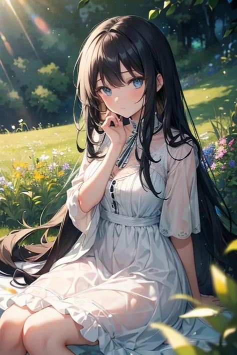 (masterpiece, best quality),1girl with long black hair sitting in a field of green plants and flowers, her hand under her chin, warm lighting, white dress, blurry foreground