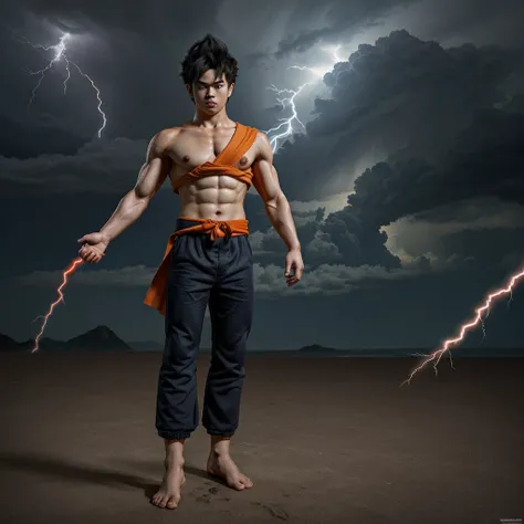 son goku in 30 years old , full body , very detailed , with some lightning arround the body