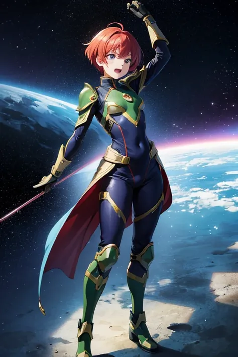 Anime Art、Space SF hero、Full body portrait、A female martial artist, about 160cm tall and about 35 years old, wearing green body armor, attacks.、Short red hair、Flat chest、Laughing with mouth open、Blue Eyes、gloves、boots、Arm guard、Leggers