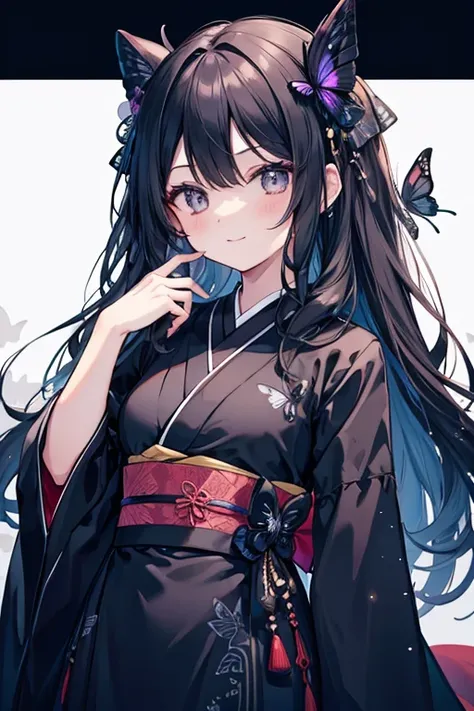 32k, perfect body, cute, cute smile, cute dress, long hair, black hair, black dress, ((black butterfly)), ((black butterfly hair ornament)), ((black butterfly shaped brooch )), ((black butterfly dress)), (((good quality))), ((black kimono)), ((black Japane...