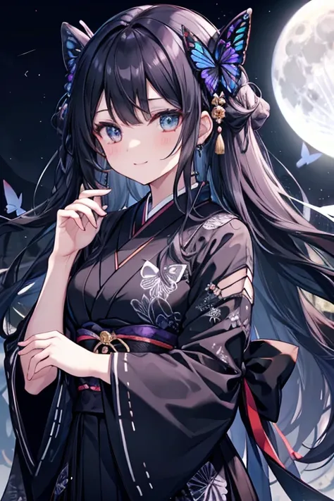 32k, perfect body, cute, cute smile, cute dress, long hair, black hair, black dress, ((black butterfly)), ((black butterfly hair ornament)), ((black butterfly shaped brooch )), ((black butterfly dress)), (((good quality))), ((black kimono)), ((black Japane...