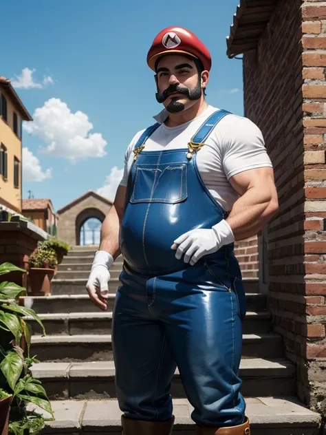 one italian man (muscle arms, big belly, mostache, hairy, eyes detail, thick and defined eyebrows) wearing a cosplay mario bros in blue leather overalls (latex), red and green hat, white gloves, brown boots. pose (fan, funny, dynamic, strongers, play, love...