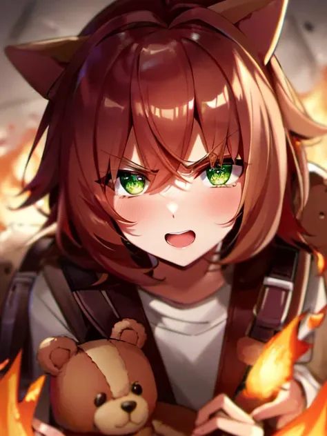 Green Eyes, annie, Red Hair, angry, brown leather backpack, short hair, fake cat ears, long bangs, fire, teddy bear, tibbers, purple shirt, flame, throw
