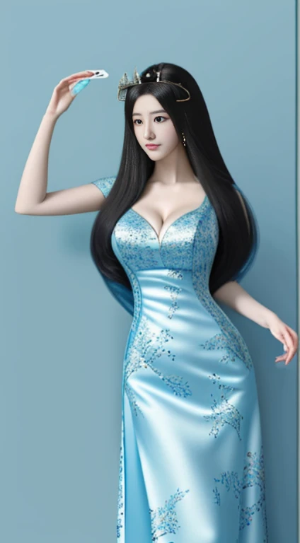 Woman eager to be photographed in blue and white dress, Beautiful and attractive anime woman, Huge Breasts，Cleavage，beautiful fantasy queen, Inspired by Fenghua Zhong, Beautiful character painting,，author：Qiu Ying, Emotional, author：Lengmei, author：Yang Ji...