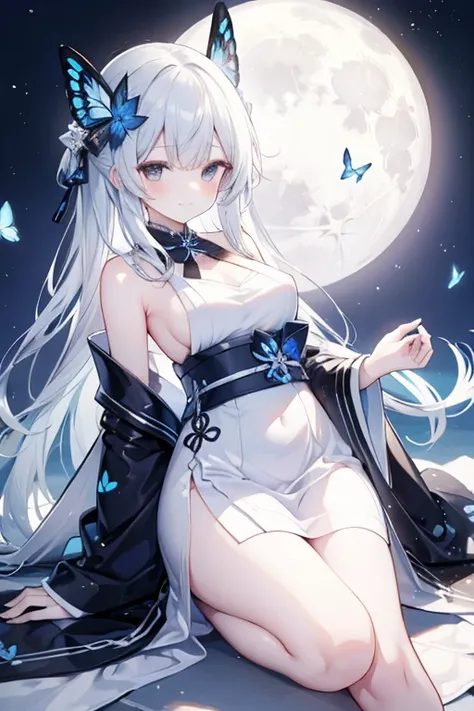 32k, perfect body, cute, sweet smile, cute dress, long hair, silver hair, black dress, ((black butterfly)), ((blue butterfly hair ornament)), ((blue butterfly shaped brooch )), ((white butterfly dress)), (((good quality))), ((white kimono), ((white Japanes...