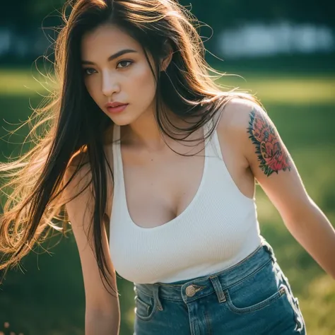 ((best quality, 8k, Masterpiece :1.3)), Sharp focus :1.2, A sexy 30 year old woman looks straight at her, standing and walking with her long hair flowing. Wearing old, ripped jeans. Red tank top, very large breasts, soaked wet, white tattoos, bright colors...