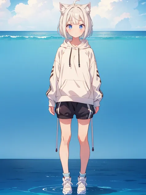 1girl、A loose tracksuit-style long hoodie、Rib knit cuffs and hem、vtuber-fullbody、Milky white short hair、