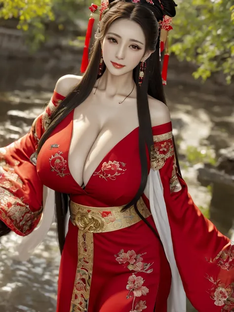 Reality, high resolution, 1 female, Mature female, Solitary, Huge Breasts，Showing cleavage，Hips up, Long hair, Hair accessories,earrings,Red Dress,Chinese clothes,necklace,Wide sleeves,sash,forehead gem