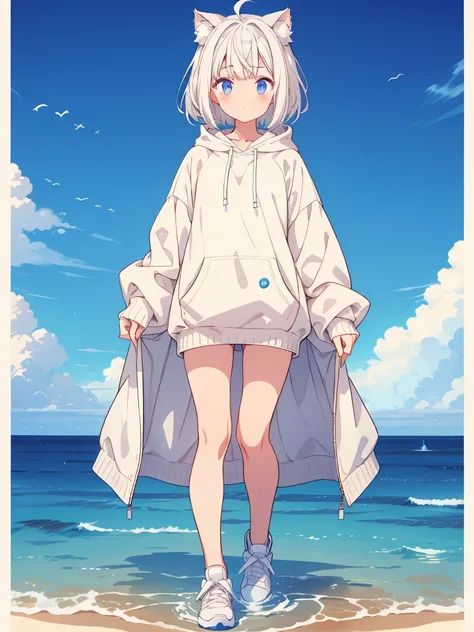 1girl、A loose tracksuit-style long hoodie、Rib knit cuffs and hem、vtuber-fullbody、Milky white short hair、