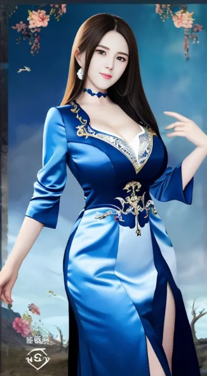 Woman eager to be photographed in blue and white dress, Beautiful and attractive anime woman, Huge Breasts，Cleavage，beautiful fantasy queen, Inspired by Fenghua Zhong, Beautiful character painting,，author：Qiu Ying, Emotional, author：Lengmei, author：Yang Ji...