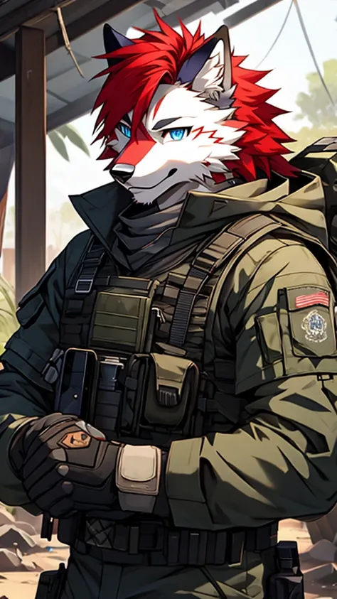 modern warfare、white wolf、furry,   red hair,   blue eyes,   white fur