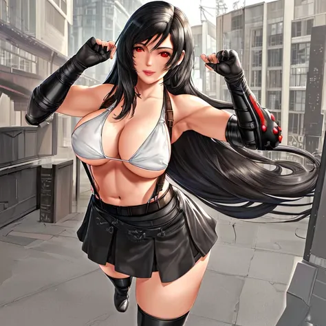 ((ultra quality)), ((Masterpiece)), Tifa Lockhart, Final Fantasy, ((black hair)), (Beautiful face), (beautiful female lips), (), charming, ((Innocent expression)), looking at the camera smiling softly, eyes closed a little, (Skin color white), (White skin)...