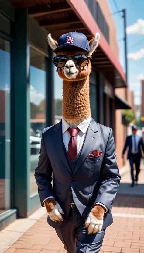 realistic photo, anamorphic alpaca, wearing baseball cap and sunglasses and suit, going to work, raw photo, shallow depth of field, Immersive background