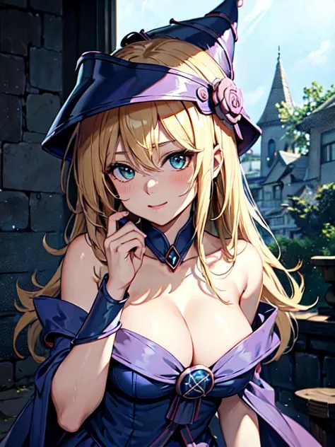 master piece,best quality,ultra detailed,8k,
ambient light,realistic skin,glossy skin,break、
（dark magician girl, duel monster, blush stickers, blonde hair, green eyes, long hair, breasts, blush, bangs, large breasts, hair between eyes, pentacle, pentagram...