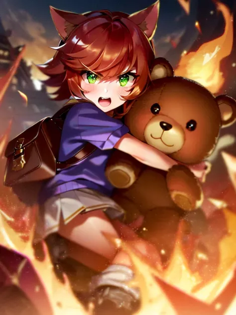 Green Eyes, annie, Red Hair, angry, brown leather backpack, short hair, fake cat ears, long bangs, fire, teddy bear, tibbers, purple shirt, flame, throwing, 
