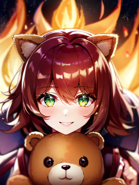 Green Eyes, annie, Red Hair, smiling, brown leather backpack, short hair, fake cat ears, long bangs, fire, teddy bear, tibbers, purple shirt, flame, throwing,
