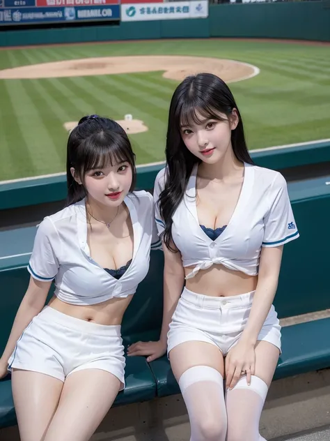 8K), (highest quality: 1.2), (Realistic), (Realistic: 1.37), Ultra-high resolution, (2 girls),(straight black hair), Giant Dulcefo,(White very small hot pants:1.2),In the seats at the baseball stadium,smile, whole body,Long legs,Beautiful feet,(Super small...