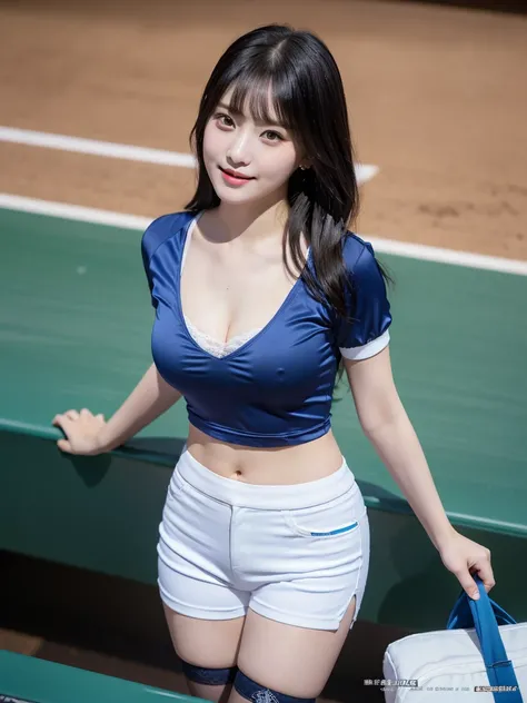 8K), (highest quality: 1.2), (Realistic), (Realistic: 1.37), Ultra-high resolution, (2 girls),(Straight, silky black hair), Giant Dulcefo,(White very small hot pants:1.2),In the seats at the baseball stadium,smile, whole body,Long legs,Beautiful feet,(Supe...