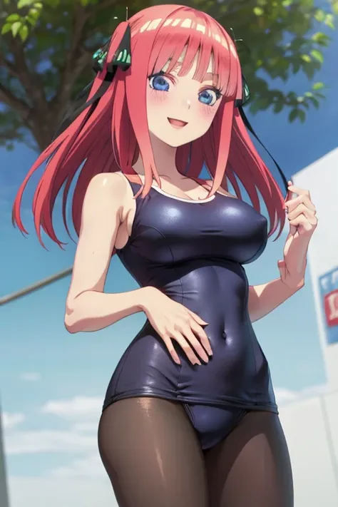 best quality, ultra-detailed masterpiece, anime art style, cute characters, nino nakano, one-piece swimsuit, large breasts, pantyhose, blush, smile