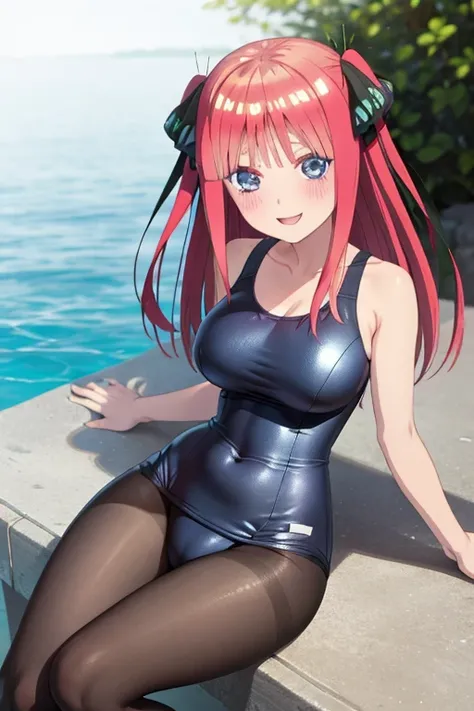 best quality, ultra-detailed masterpiece, anime art style, cute characters, nino nakano, one-piece swimsuit, large breasts, pantyhose, blush, smile