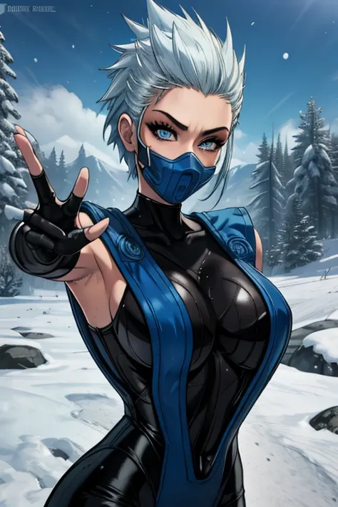 frost, blue eyes,   mouth mask,  spiked hair, 
 fingerless elbow gloves, bodysuit,  pelvic curtain ,  blue attire, 
standing,  u...