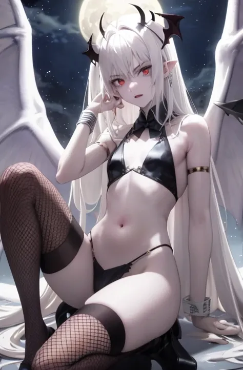 Cool tone，expressionless，Temporarily white skin，Sharp Claw，Skin whitening，little color，Female vampire，Evil expression，Long hair reaching knee length，Gold hair，Tall and slim，Devils Horn，Devils wings，Chest revealing clothing，Navel exposed suit，Fishnets，Flyin...