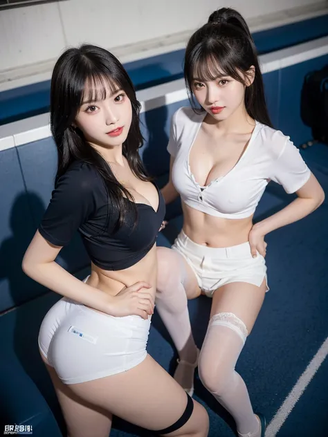 8K), (highest quality: 1.2), (Realistic), (Realistic: 1.37), Ultra-high resolution, (2 girls),(straight black hair), Giant Dulcefo,(White very small hot pants:1.2),In the seats at the baseball stadium,smile, whole body,Long legs,Beautiful feet,(Super small...