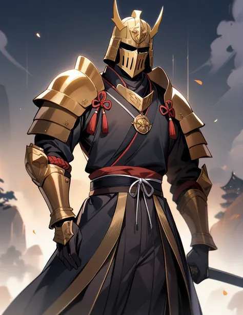 1boy, male focus, samurai,knight,golden helm,aestethic background, masterpiece, best quality, very aesthetic, absurdres