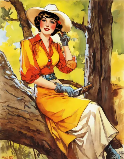 arafed woman leaning against a tree in a cowboy outfit, by Joseph Kleitsch, 1 9 2 0 s film actress, by Earle Bergey, 1920s photography, 1 9 2 0 s photography, like rolf armstrong style, old timey, early 1 9 0 0s, 1 9 1 0 s photography, colleen moore 2 8 ye...