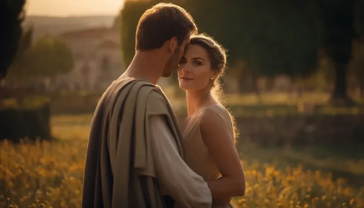 Roman Emperor Constantine the Great and a beautiful woman named Serdica, beloved by the Roman Emperor Constantine the Great. A happy couple. An eternal bond of love. Mutual affection. Pure love. romantic, sunset, back only, photorealistic The refreshing br...