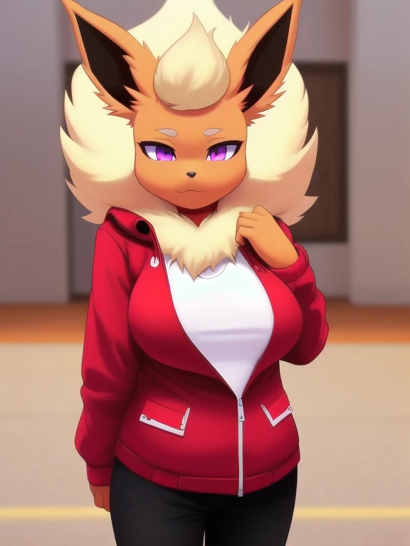 by jimothy288, flareon anthro, red jacket, black pants, solo, one character, purple eyes, female, breast