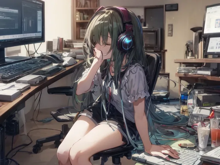 anime girl sitting on a chair with headphones on and a computer, anime style 4 k, nightcore, 4k anime wallpaper, with headphones...