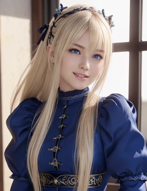 Marie Rose, (best quality,8k,UHD,realistic:1.37),beautiful detailed blue eyes,beautiful detailed face,long blonde hair,ultra-realistic texture. cute smile expression 