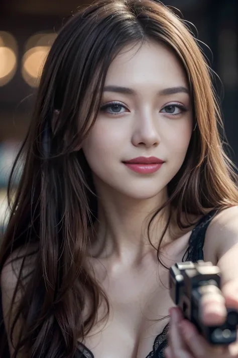 (best quality, masterpiece, HDR, UHD, 8K, vibrant colors, extreme detail description, professional:1.1), (pale skin, flawless complexion, red irises, thin lips, slim mouth, long hair: 1.1), 1 girl, looking at the viewer, (captivating smile:1.4),  tilting h...