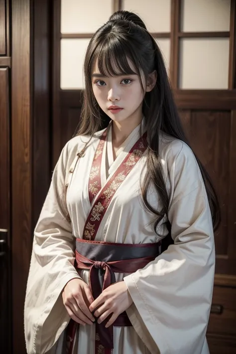 1girl,A warrior，long way hair，Hanfu，Robe，Sword，beauty face shape，Lifelike：1.2