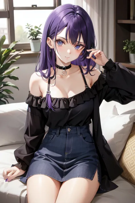 purple hair, conjunctivitis, one woman, off shoulder, sit,sexy