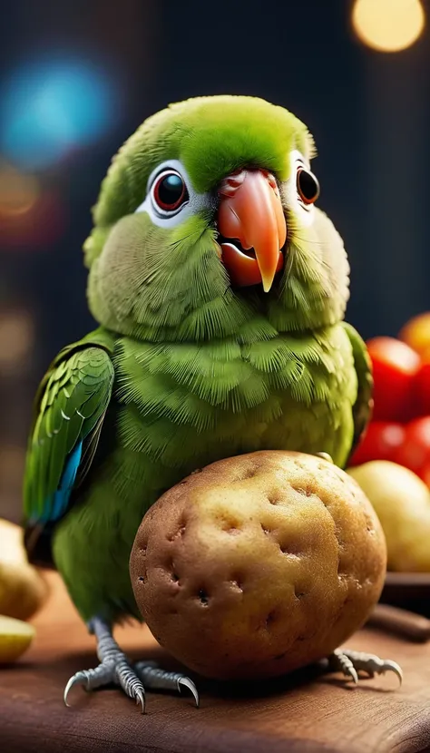 Foodpets Very cute and charming anthropomorphic potato parrot, Looking at the audience, Macro, Movie Lighting, Fantasy Art, Dynamic Synthesis, Epic reality, Award-winning illustrations