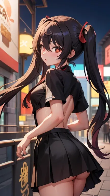 masterpiece, best quality, HuTaoV4, 1girl, solo, blush, twintails, long hair, hair between eyes, ((streetwear clothes)), city, outdoors, night, movie poster, extremely detailed 8K, smooth, high resolution, ultra quality, cinematic lighting, ambient occlusi...