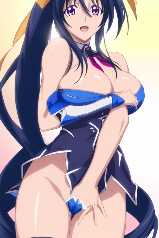 himejima akeno, black hair, pink eye, とても長いhair,hair_between_eye,ponytail,黄color_hair_ribbon,blue bikini，Quite embarrassing，
1 girl, 20 years,young woman,beautiful Finger,beautiful long legs,beautiful body,beautiful Nose,beautiful character design, perfect...