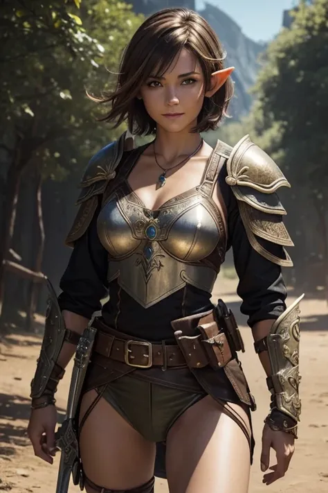 masterpiece, best quality, realistic, cowboy shot, race is adult elf, gender is female, weapon is slim sword and small shield, profession is expedition soldier, hair color is brown, hair style is short hair, eye color is golden, eye shape is large eyes, ex...