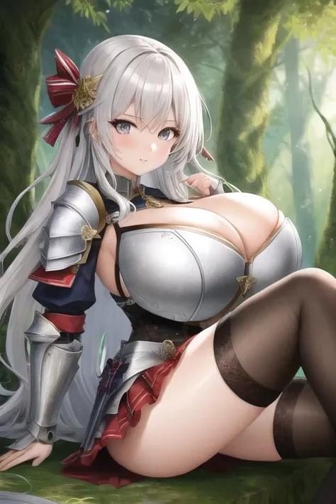 masterpiece, best quality, 1girl, sitting, forest, white hair, long hair, grey eyes, (knight armor:1.1), skirt, thigh highs, big breasts