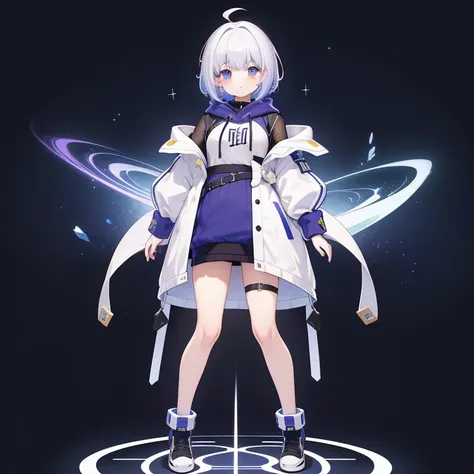 1 person girl、pleochroism、A loose-fitting jersey-style long hoodie in holographic colors、Ribbed knit cuffs and hem、Vtuber whole body、Milky white short hair、Standing figure facing the viewer、Simple Background、