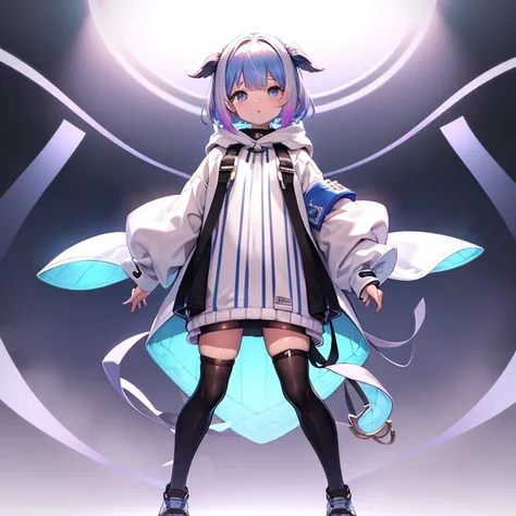 1 person girl、pleochroism、A loose-fitting jersey-style long hoodie in holographic colors、Ribbed knit cuffs and hem、Vtuber whole body、Milky white short hair、Standing figure facing the viewer、Simple Background、